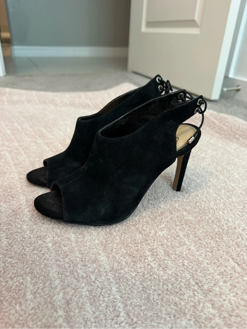 Jessica Simpson Candine 2 Black Suede Tie Back Slingback Peep Toe Pumps